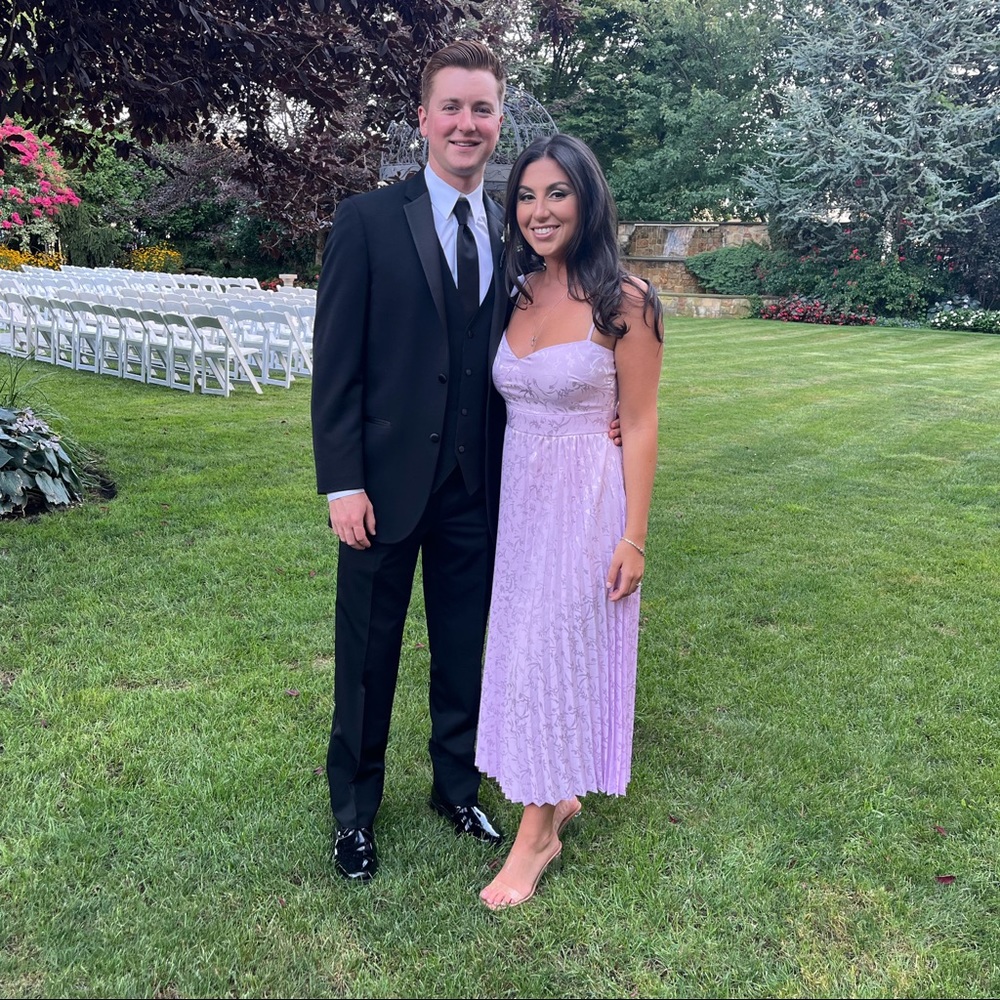 Lavender Floral Jacquard Pleated Satin Midi Dress